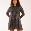 Long Sleeve Mirrored Swing Dress 2 Long Sleeve Mirrored Swing Dress -Moda Ulla Shop AW22020 BLACKSILVER 19463