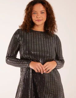 Long Sleeve Mirrored Swing Dress -Moda Ulla Shop AW22020 BLACKSILVER 19484
