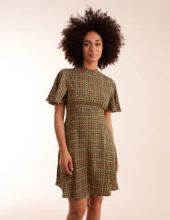 Geometric Print Angel Sleeve Dress -Moda Ulla Shop AW22183 GREENPATTERN 10648