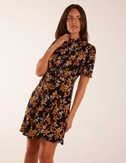 High Neck Angel Sleeve Floral Dress