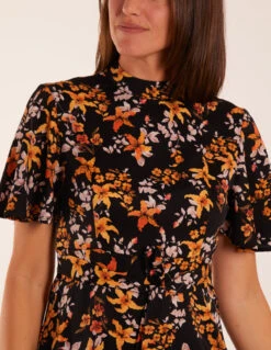 High Neck Angel Sleeve Floral Dress -Moda Ulla Shop AW23032B003 112372