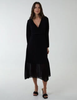 Wrap Front Pleated Midi Dress -Moda Ulla Shop BV1935 BLACK 332