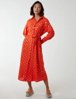 Foil Print Midi Shirt Dress -Moda Ulla Shop BV2149 CORAL 3233 1