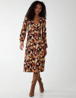 V Neck Ring Detail Midi Dress -Moda Ulla Shop BV222804 BEIGE 23