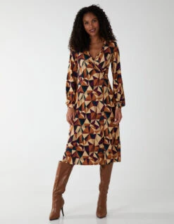 V Neck Ring Detail Midi Dress -Moda Ulla Shop BV222804 BEIGE 24