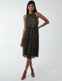 Blouson Halter Neck Midi Dress