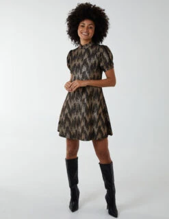 Foil Zig Zag Puff Sleeve Swing Dress -Moda Ulla Shop BV222859 BRONZE 80 1