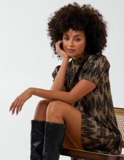 Foil Zig Zag Puff Sleeve Swing Dress -Moda Ulla Shop BV222859 BRONZE 84 bfae9784 9914 44ab 805e 987b418227c1