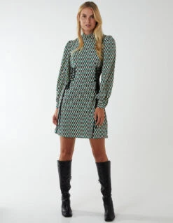 Geometric Print Lace Side Waist High Neck Dress -Moda Ulla Shop BV222863023 95866