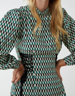 Geometric Print Lace Side Waist High Neck Dress -Moda Ulla Shop BV222863023 95867