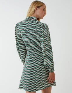 Geometric Print Lace Side Waist High Neck Dress -Moda Ulla Shop BV222863023 95868