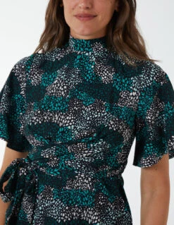 Wrap Front High Neck Dress With Angel Sleeve -Moda Ulla Shop BV222865 GREEN 0392