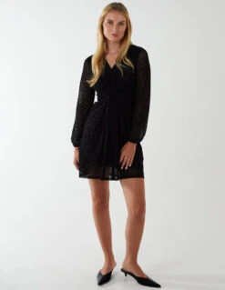 Leopard Print Flocked Knot Front Angel Sleeve Dress 10 Leopard Print Flocked Knot Front Angel Sleeve Dress -Moda Ulla Shop BV222866 BLACK 107