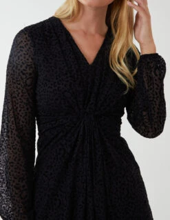 Leopard Print Flocked Knot Front Angel Sleeve Dress 8 Leopard Print Flocked Knot Front Angel Sleeve Dress -Moda Ulla Shop BV222866 BLACK 108