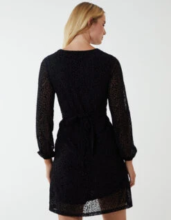 Leopard Print Flocked Knot Front Angel Sleeve Dress 11 Leopard Print Flocked Knot Front Angel Sleeve Dress -Moda Ulla Shop BV222866 BLACK 109