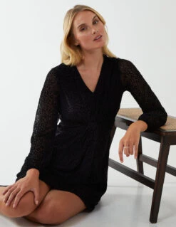 Leopard Print Flocked Knot Front Angel Sleeve Dress 9 Leopard Print Flocked Knot Front Angel Sleeve Dress -Moda Ulla Shop BV222866 BLACK 110