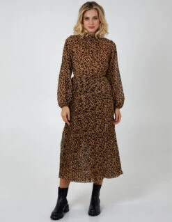Animal Print High Neck Blouson Pleated Dress -Moda Ulla Shop BV222871 LIGHTBROWN 56