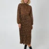 Animal Print High Neck Blouson Pleated Dress -Moda Ulla Shop BV222871 LIGHTBROWN 57