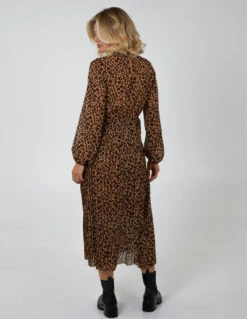 Animal Print High Neck Blouson Pleated Dress -Moda Ulla Shop BV222871 LIGHTBROWN 59