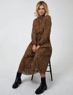 Animal Print High Neck Blouson Pleated Dress -Moda Ulla Shop BV222871 LIGHTBROWN 60