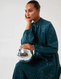 High Neck Blouson Pleated Midi Dress -Moda Ulla Shop BV222872 BOTTLEGREEN 10