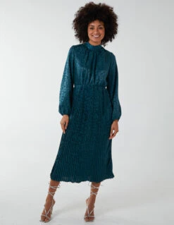 High Neck Blouson Pleated Midi Dress -Moda Ulla Shop BV222872 BOTTLEGREEN 110