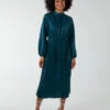 High Neck Blouson Pleated Midi Dress -Moda Ulla Shop BV222872 BOTTLEGREEN 111