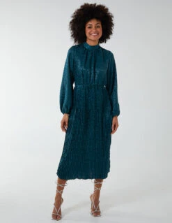 High Neck Blouson Pleated Midi Dress