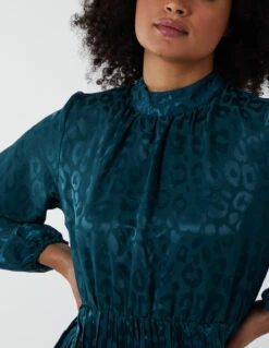 High Neck Blouson Pleated Midi Dress -Moda Ulla Shop BV222872 BOTTLEGREEN 112