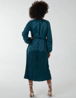 High Neck Blouson Pleated Midi Dress -Moda Ulla Shop BV222872 BOTTLEGREEN 113
