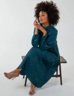 High Neck Blouson Pleated Midi Dress -Moda Ulla Shop BV222872 BOTTLEGREEN 114