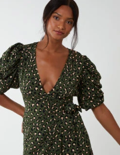 Ruched Sleeve Wrap Mini Dress -Moda Ulla Shop BV222890 KHAKI 147