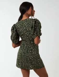 Ruched Sleeve Wrap Mini Dress -Moda Ulla Shop BV222890 KHAKI 149