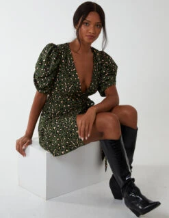 Ruched Sleeve Wrap Mini Dress -Moda Ulla Shop BV222890 KHAKI 150