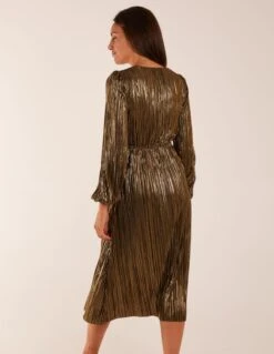 Plisse V-Neck Elasticated Midi Dress 9 Plisse V-Neck Elasticated Midi Dress -Moda Ulla Shop BV222901 GOLD 345