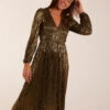 Plisse V-Neck Elasticated Midi Dress -Moda Ulla Shop BV222901 GOLD 34573