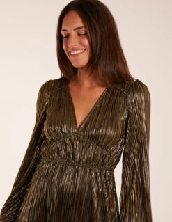 Plisse V-Neck Elasticated Midi Dress 8 Plisse V-Neck Elasticated Midi Dress -Moda Ulla Shop BV222901 GOLD 34591