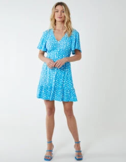 Trapeze Button Through Raglan Mini Dress -Moda Ulla Shop BV233815 BRIGHTBLUE 4440