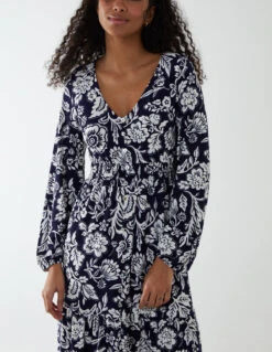 Floral Button Front Midi Dress -Moda Ulla Shop BV233819 NAVY 3