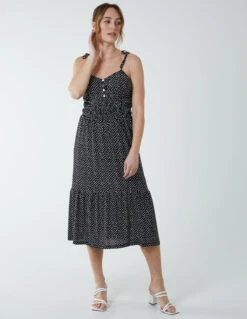 Strappy Elasticated Button Through Midi Dress -Moda Ulla Shop BV233830 BLACK 8043