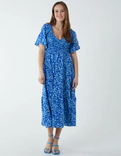 Sheared Bust Midi Dress With Angel Sleeve -Moda Ulla Shop BV233884 BLUE 6788