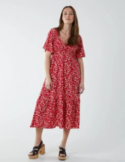 Sheared Bust Midi Dress With Angel Sleeves 8 Sheared Bust Midi Dress With Angel Sleeves -Moda Ulla Shop BV233884 red 6554