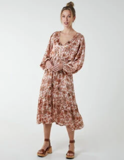 Balloon Sleeve Midi Dress -Moda Ulla Shop BV233901 PINKPATTERN 4454