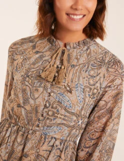 Button Through Tassel Peasant Mini Dress -Moda Ulla Shop BV233908 LIGHTBLUE 6306