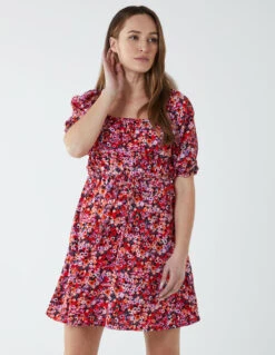 Milkmaid Square Neck Puff Sleeve Mini Dress -Moda Ulla Shop BV233913 RED 7730