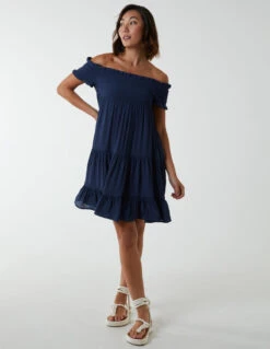 Bardot Shirred Neck Line Floaty Dress -Moda Ulla Shop BV233925 NAVY 3527