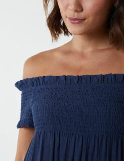 Bardot Shirred Neck Line Floaty Dress -Moda Ulla Shop BV233925 NAVY 3542