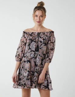 Sheared Neck Bardot Dress -Moda Ulla Shop BV233934 BLACK 4616