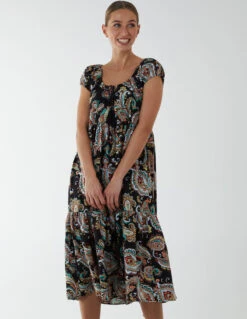Scoop Neck Milkmaid Midi Dress -Moda Ulla Shop BV233936 BLACK 42