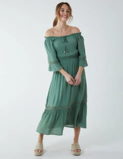 Off Shoulder Elasticated Lace Insert Midi Dress